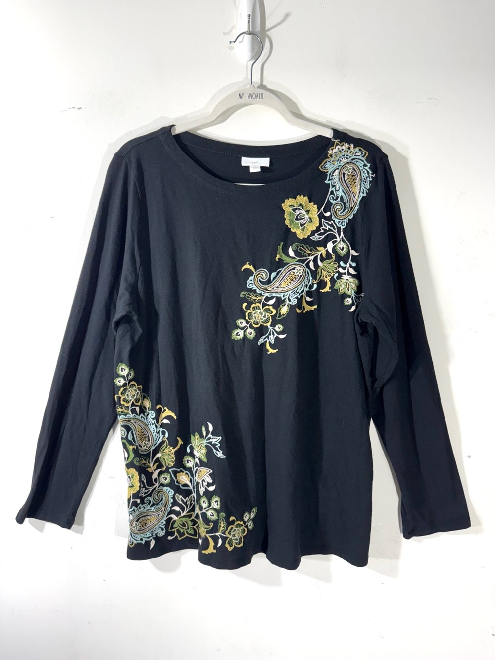J. JILL Embroidered Top Black Floral Paisley Jersey Knit Long Sleeve